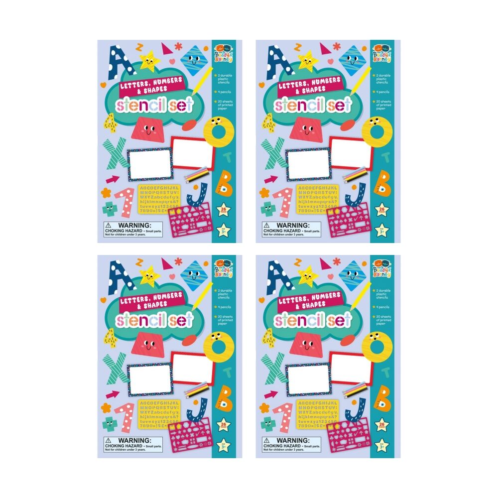 4x 7pc Buddy And Barney Stencils & Pencil Wallet Letters Shapes Numbers Book 3Y+
