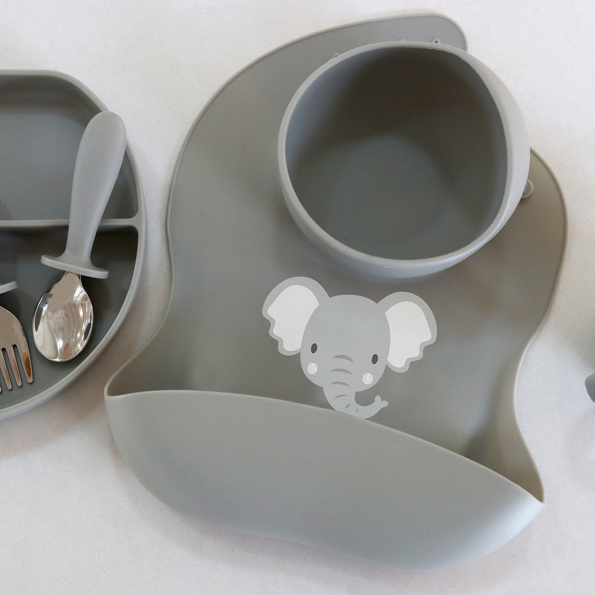 2PK Splosh Baby Elephant Silicone Feeding Bib Adjustable 24cm Grey 0+