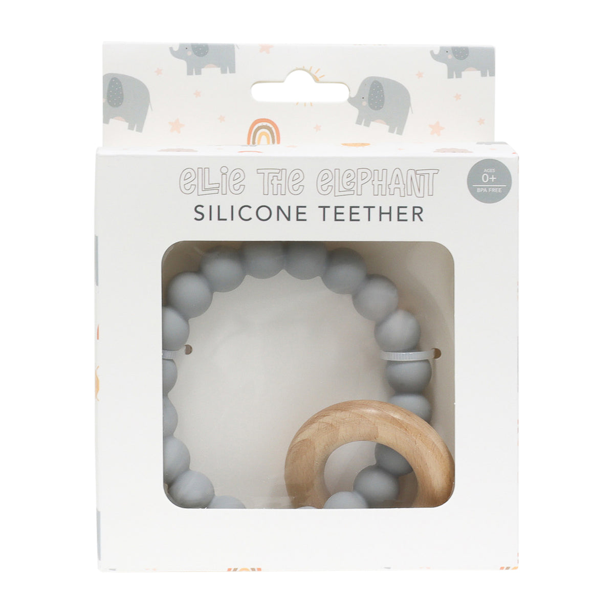 2PK Splosh Baby Elephant Silicone/Wood Teether 12cm Grey 0+