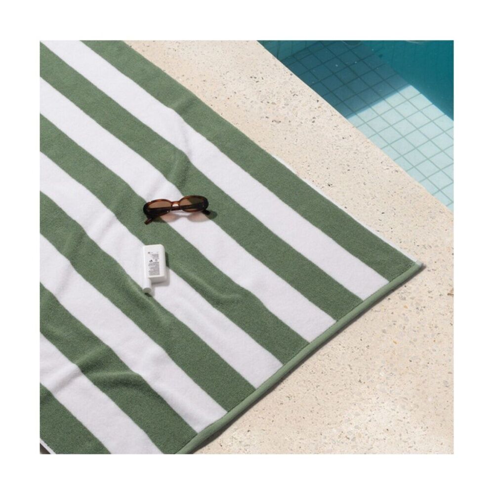 Canningvale Terry Pool/Beach Towel Cabana Stripe Olive Green 80x160cm