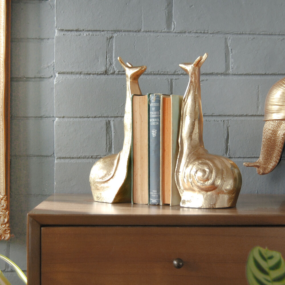 2pc White Moose Snail Home Decor Metal Sculpture Bookend 26x20x10cm Gold