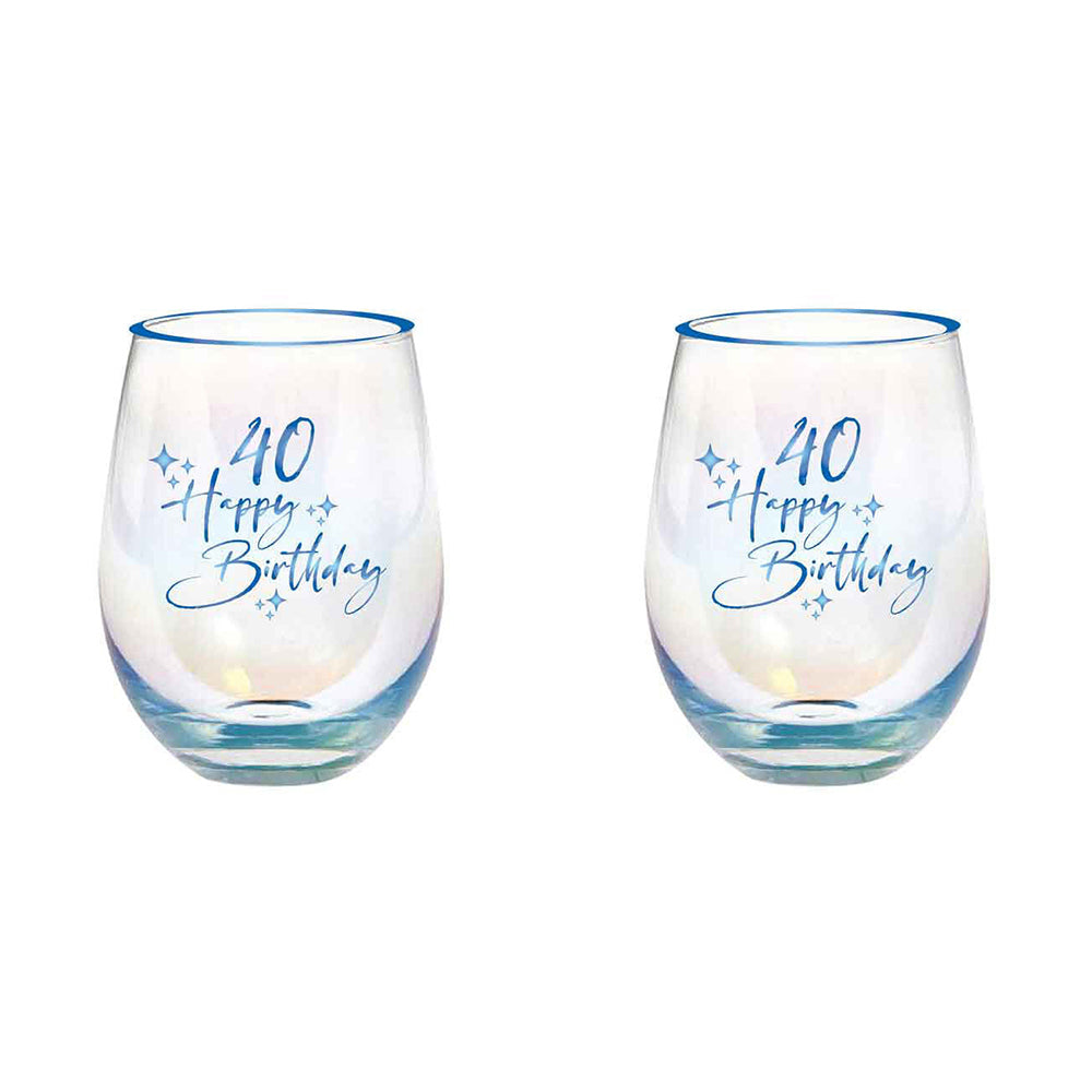 2PK 40th Birthday Blue Foil 13cm/600ml Stemless Wine Glass Tumbler