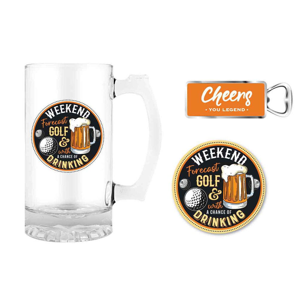 3pc LMD Weekend Forcast 490ml Stein Glass Mug/Opener/Coaster Pad