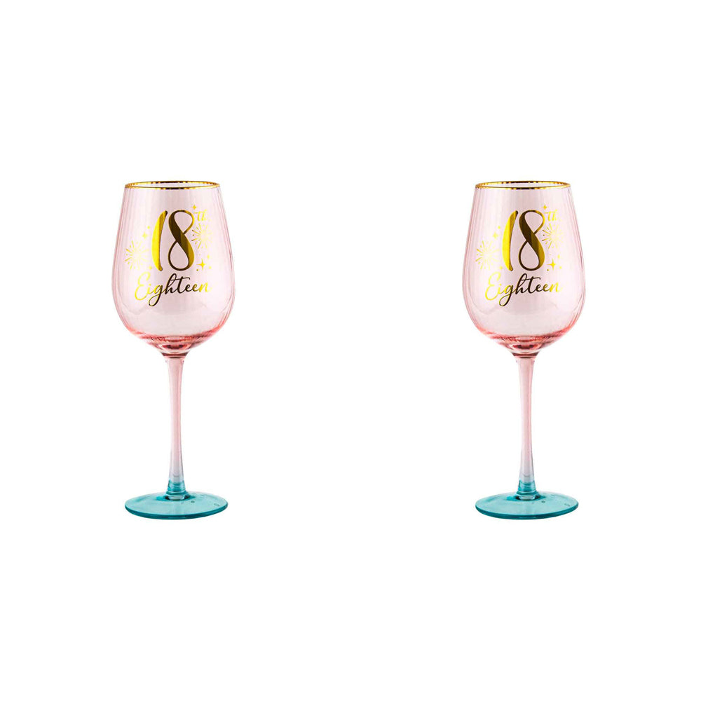 2PK 18th Birthday 400ml Fluted Wine Glass Stemmed Drinkware - Pink