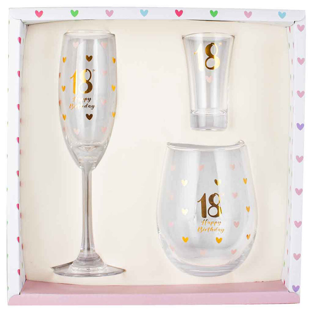 3pc LMD 18th Birthday Champagne Glass/Stemless/Shot Glasses Set - Clear