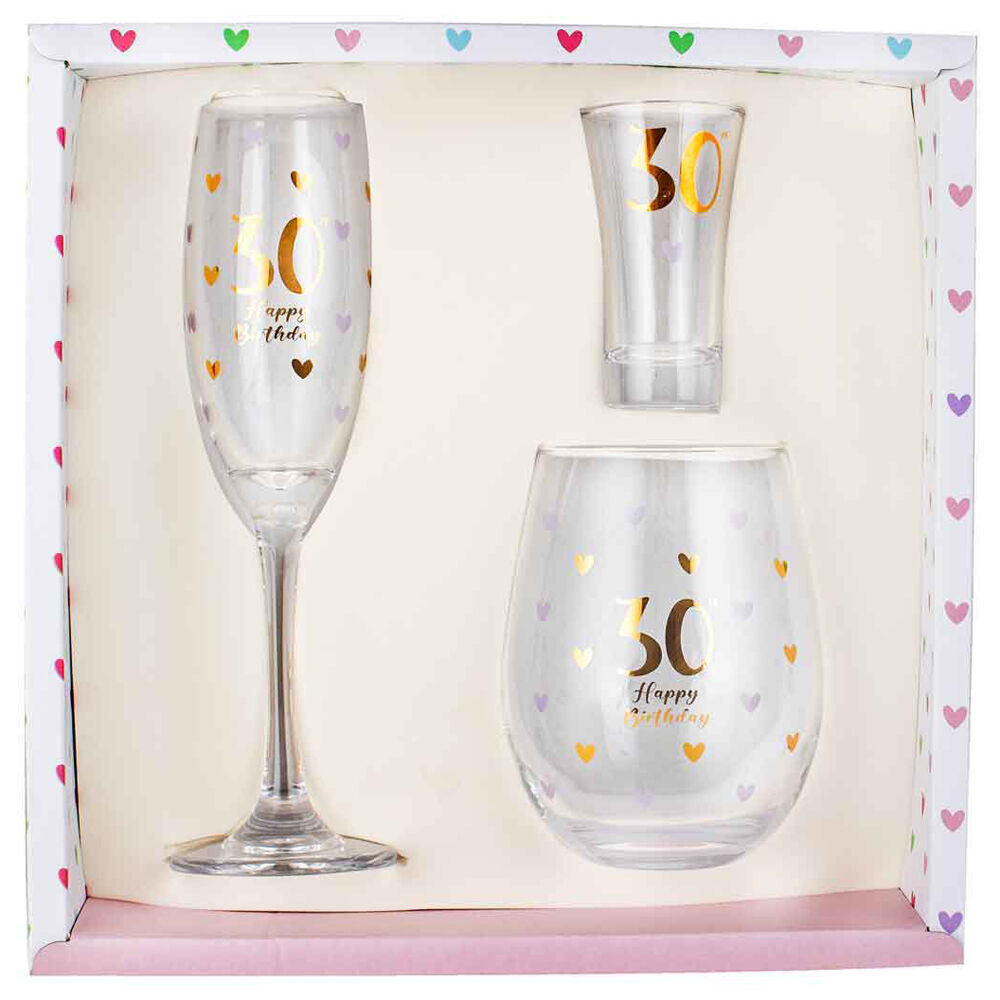 3pc LMD 30th Birthday Champagne Glass/Stemless/Shot Glasses Set - Clear