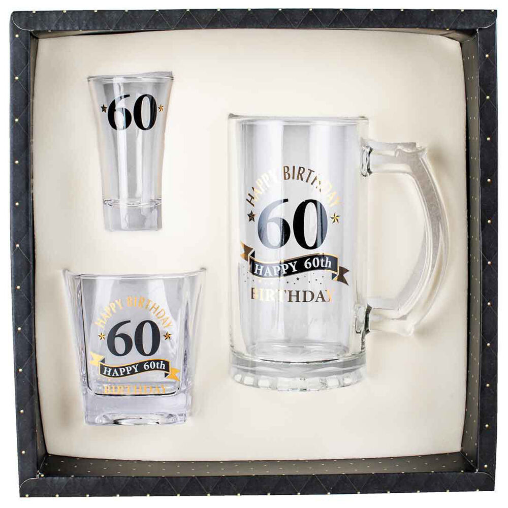 3pc LMD 60th Birthday Stein/Whisky/Shot Drinkware Glasses Set - Clear