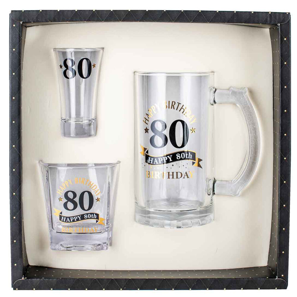 3pc LMD 80th Birthday Stein/Whisky/Shot Drinkware Glasses Set - Clear