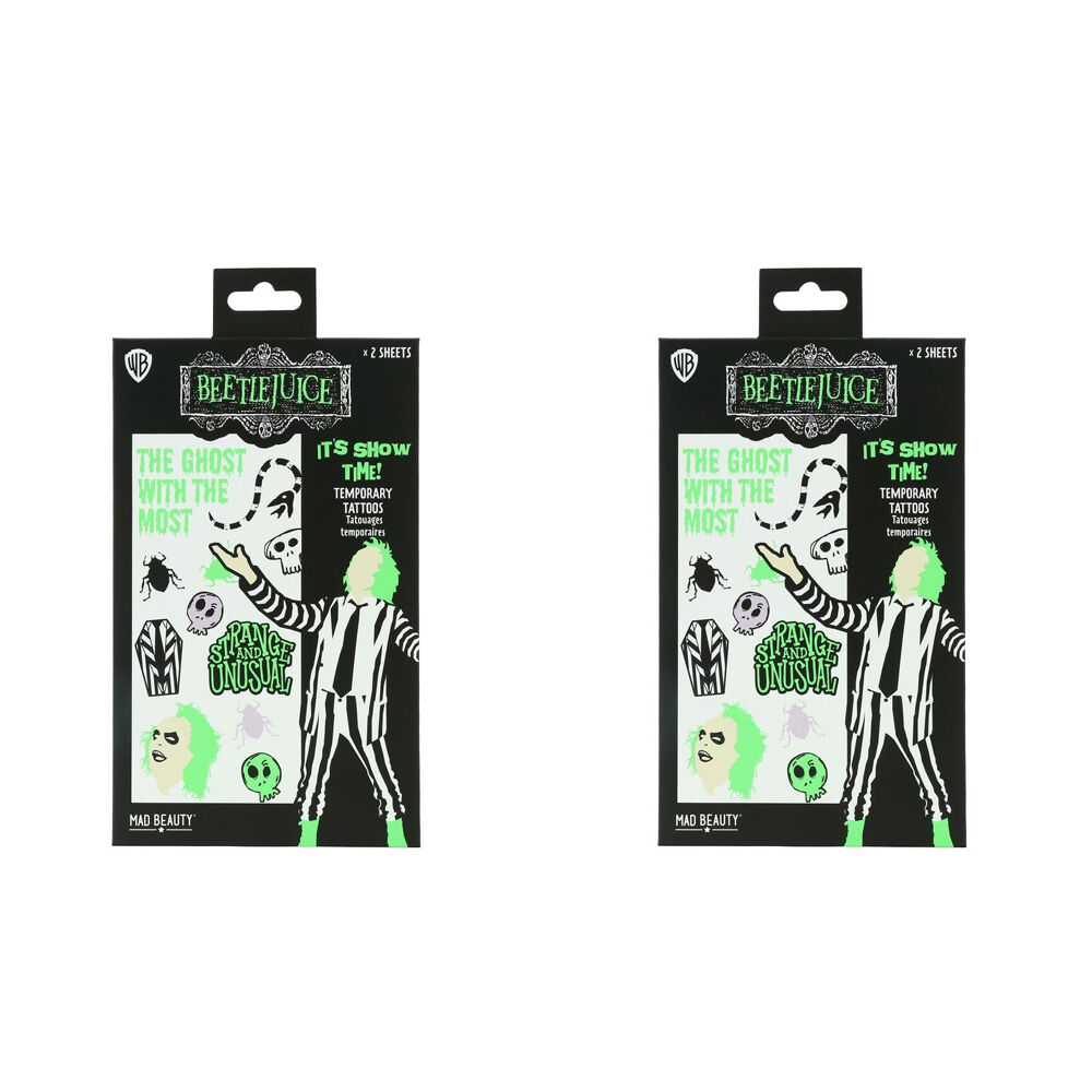 2x 2pc Warner Bros Beetlejuice Temporary Body Tattoos Sheets Glow-in-the-Dark