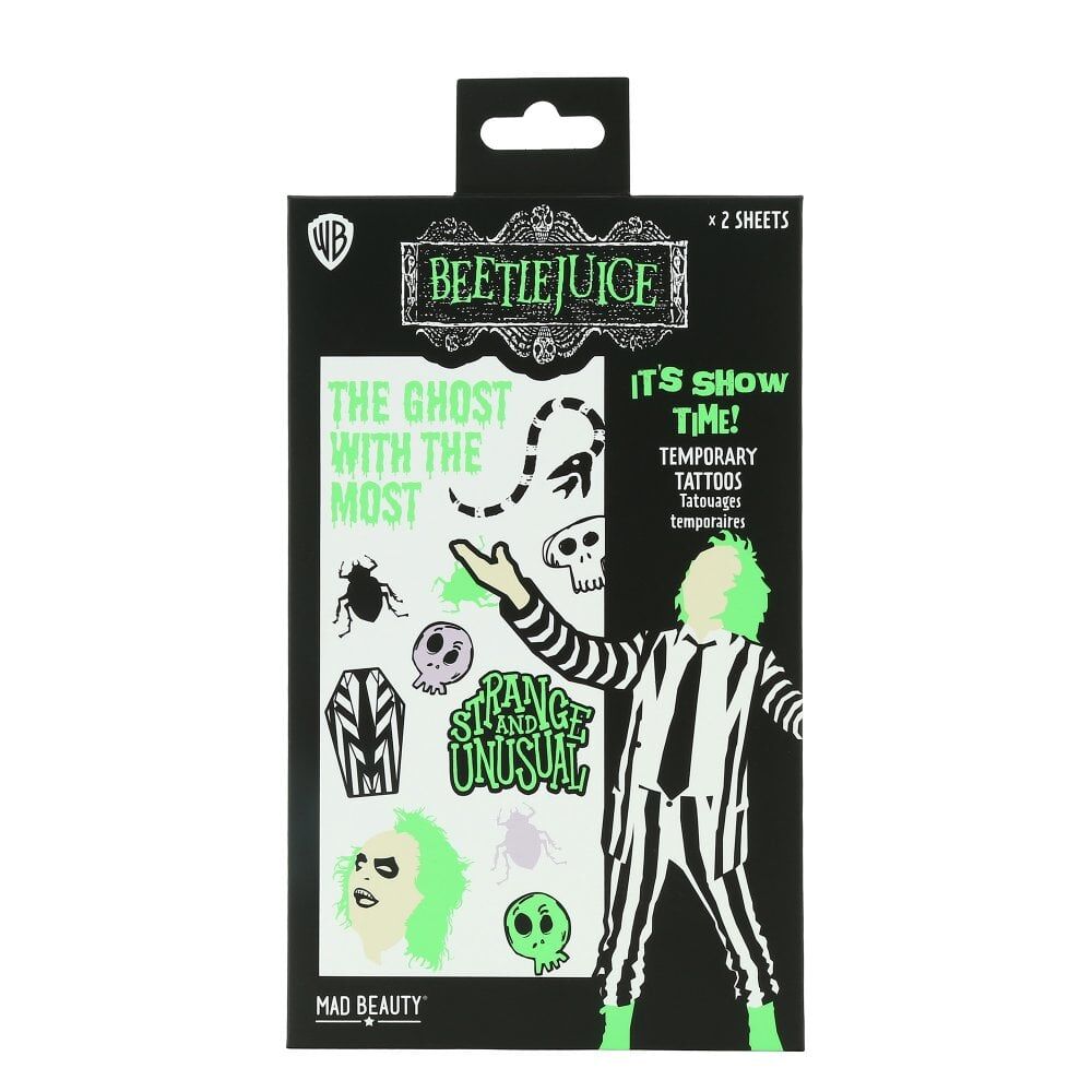 2x 2pc Warner Bros Beetlejuice Temporary Body Tattoos Sheets Glow-in-the-Dark