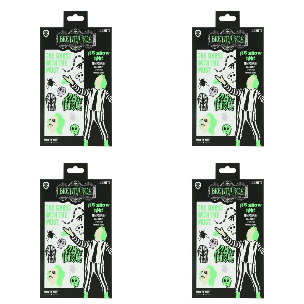 4x 2pc Warner Bros Beetlejuice Temporary Body Tattoos Sheets Glow-in-the-Dark