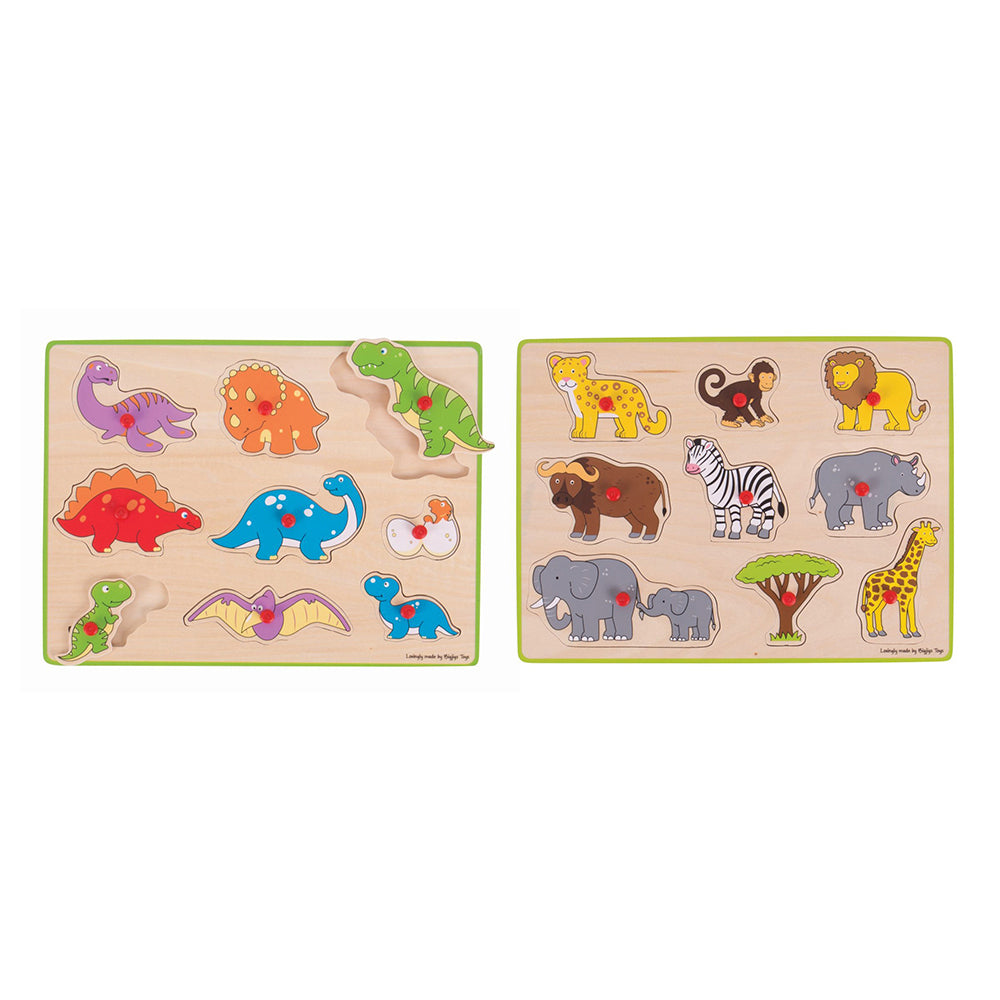 2x 9pc Bigjigs Toys 30cm Safari & Dinosaurs Lift Out Puzzle Toy Set 3y+