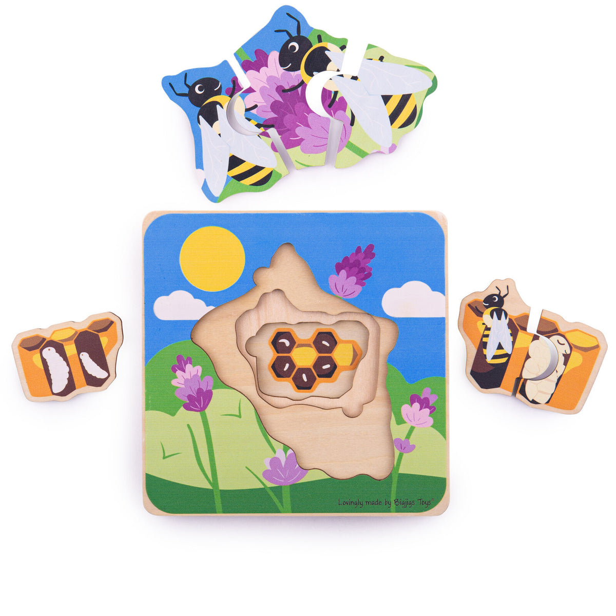 2PK Bigjigs Toys Wood Lifecycle Layer Honeybee Kids Puzzle Toy 15x15cm 18m+