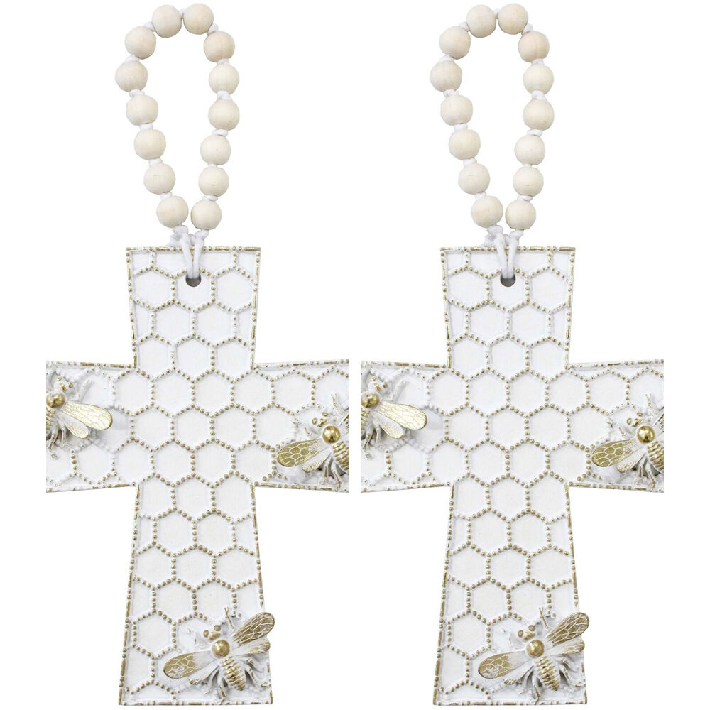 2PK LVD Resin Cross Large Bee Honeycomb Decoration 18x1.5x22.5 Metallic