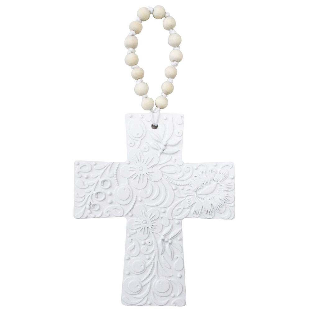 LVD Resin Hanging Cross Large Embossed Decoration 18x2.3x22.5cm White
