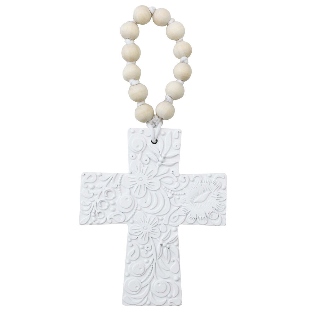 2PK LVD Resin Hanging Cross Embossed Decoration 11.5x.08x14.5cm Off-White