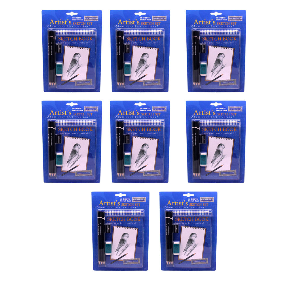 8PK BMS Gifts Small Sketch Book 20 Sheet w/6 HB Pencils 2B-4B Sharpener Eraser