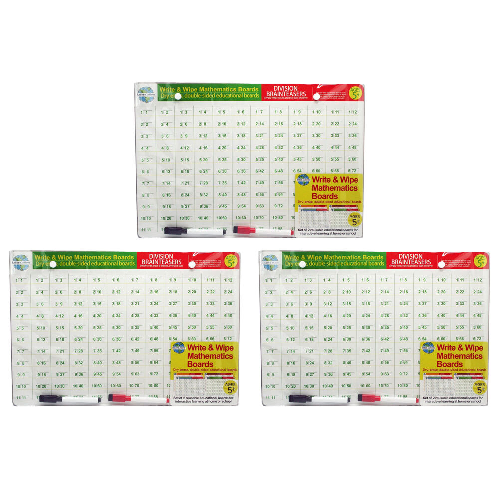 3x 3pc BMS Gifts Write And Wipe Maths Boards w/2x Double Sided Dry Erase Pens 5y+