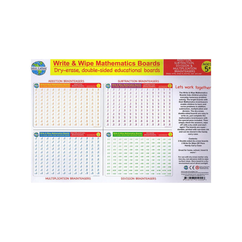 3x 3pc BMS Gifts Write And Wipe Maths Boards w/2x Double Sided Dry Erase Pens 5y+