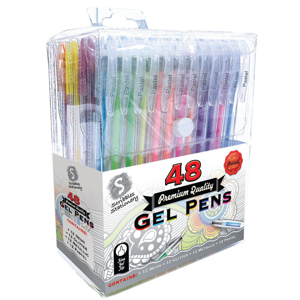 48Pc Scribbles Stationery Gel Pen Set Neon Glitter Metallic Pastel With Case