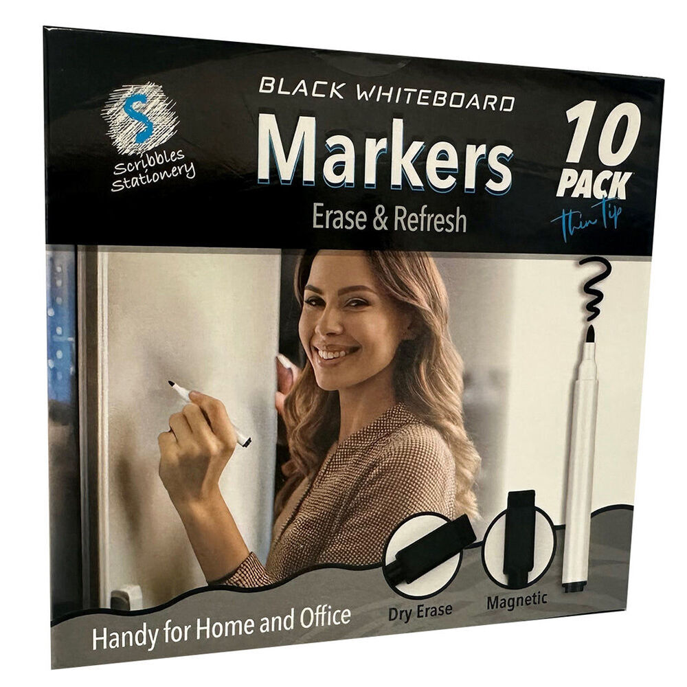6x 10PK Scribbles Stationery Black Whiteboard Markers Thin Tip w/Magnetic Lid