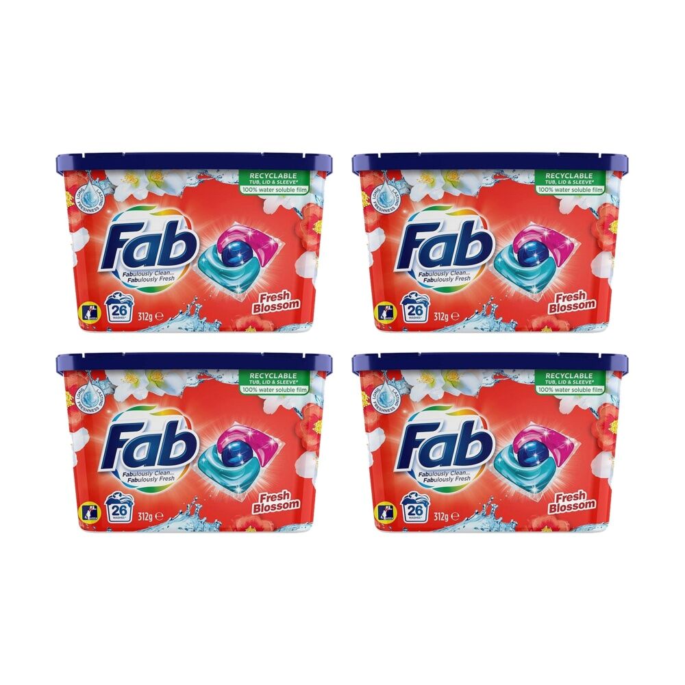 4x 26pc FAB Laundry Clothes Cleaning Pods Fresh Blossom 26 Washes 312g