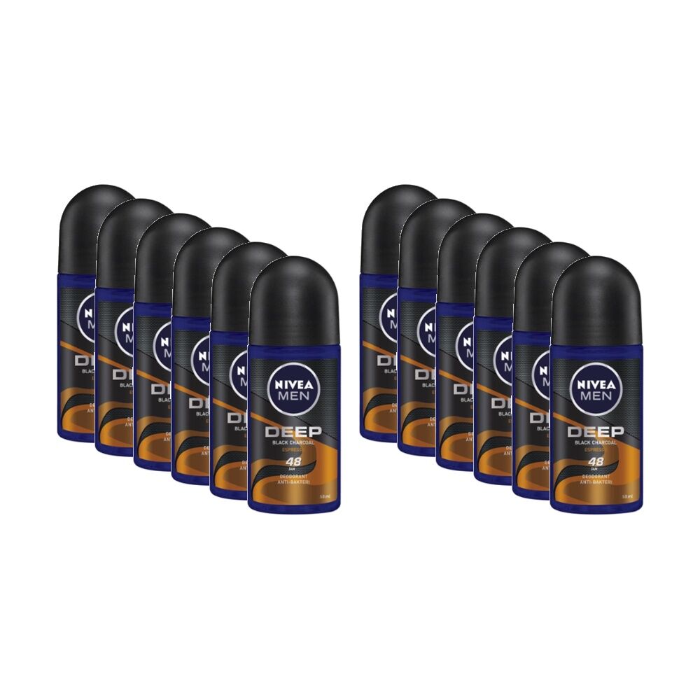 12PK Nivea Men's Antiperspirant Roll On Deodorant Deep Black Charcoal Espresso 50ml