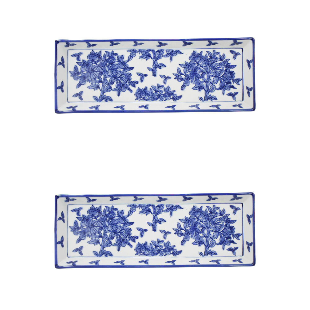 2PK LVD Porcelain Partere Rectangular Plate Trinket Tray 33.5x12cm Blue/White