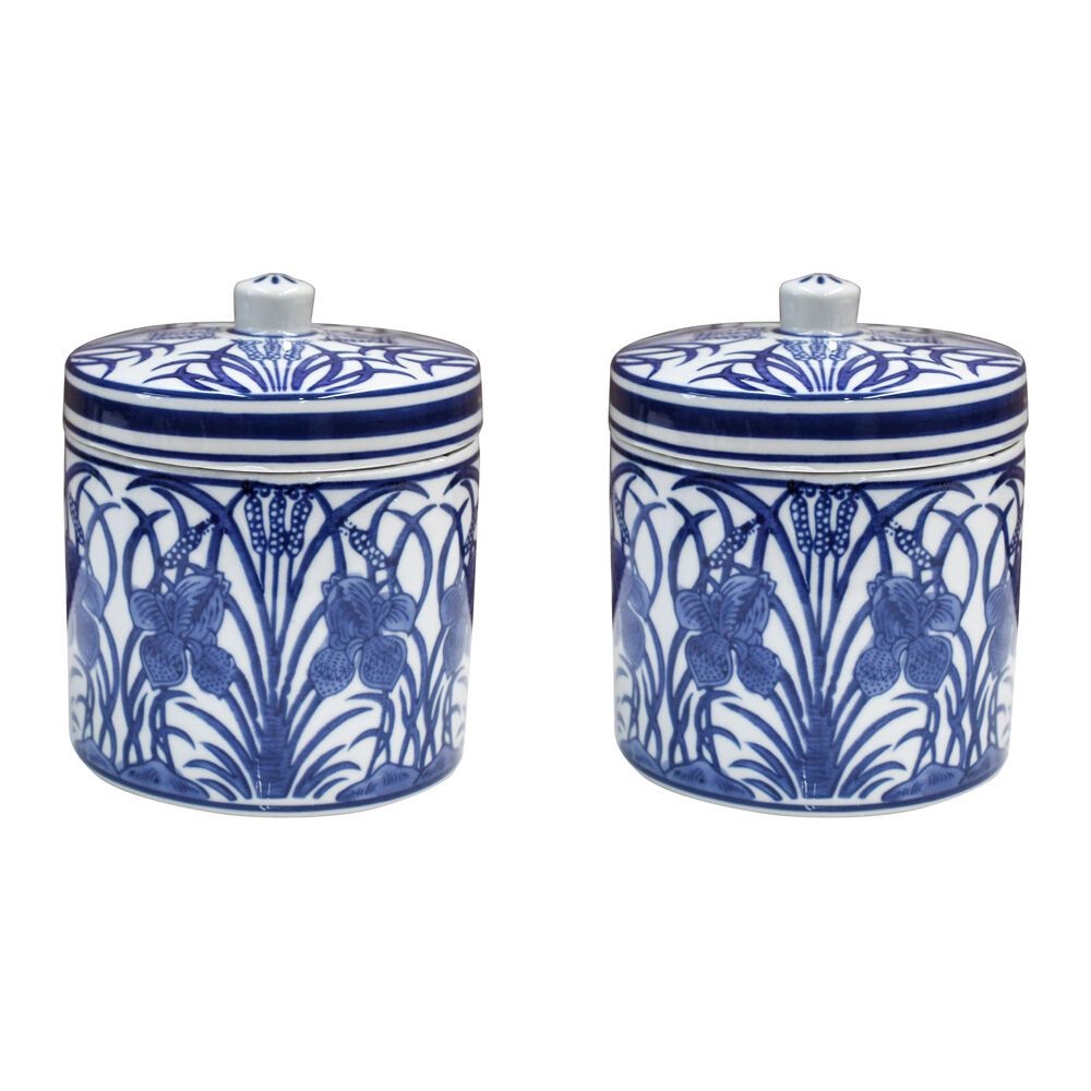 2PK LVD Porcelain Iris/Rush Canister Home Decoration 12x12x15cm Blue/White