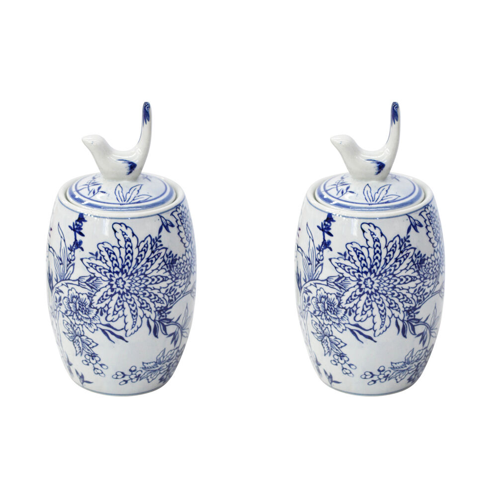 2PK LVD Porcelain Boho Bird Large Decorative Storage Jar 11x23cm Blue/White