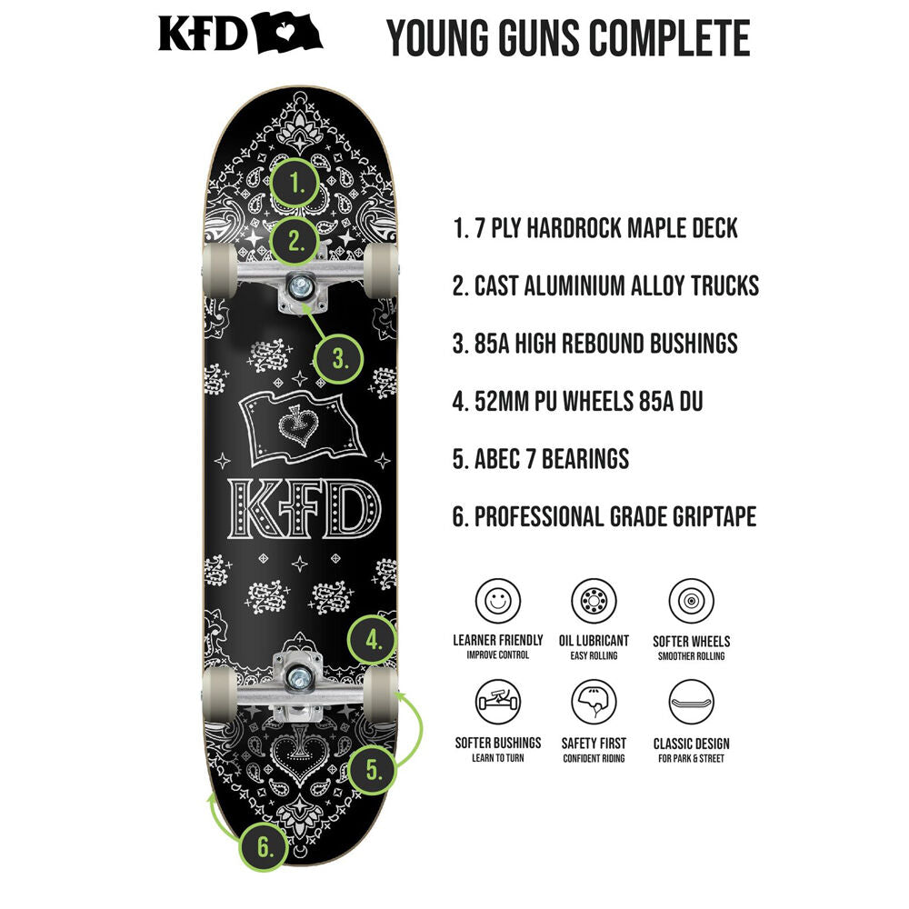 KFD Complete Board Young Gunz Bandana Skateboard Black 8in