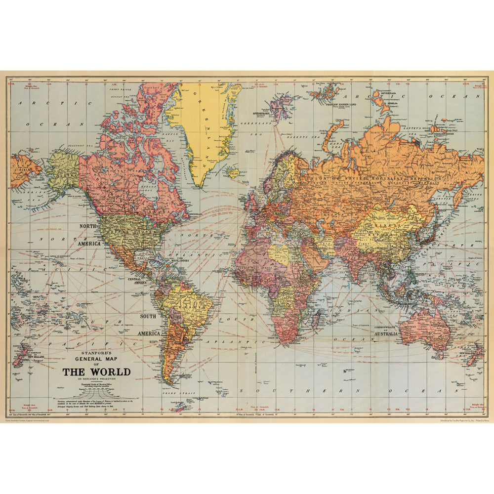 3PK Cavallini Paper Poster Prints/Gift Wrap 70x50cm - Map World