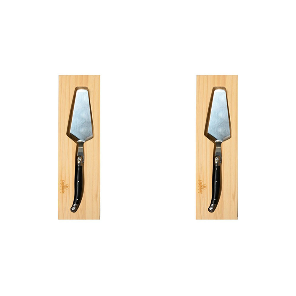 2PK Laguiole Elite Cake Server Stainless Steel w/Pine Wood Tray Black Handle