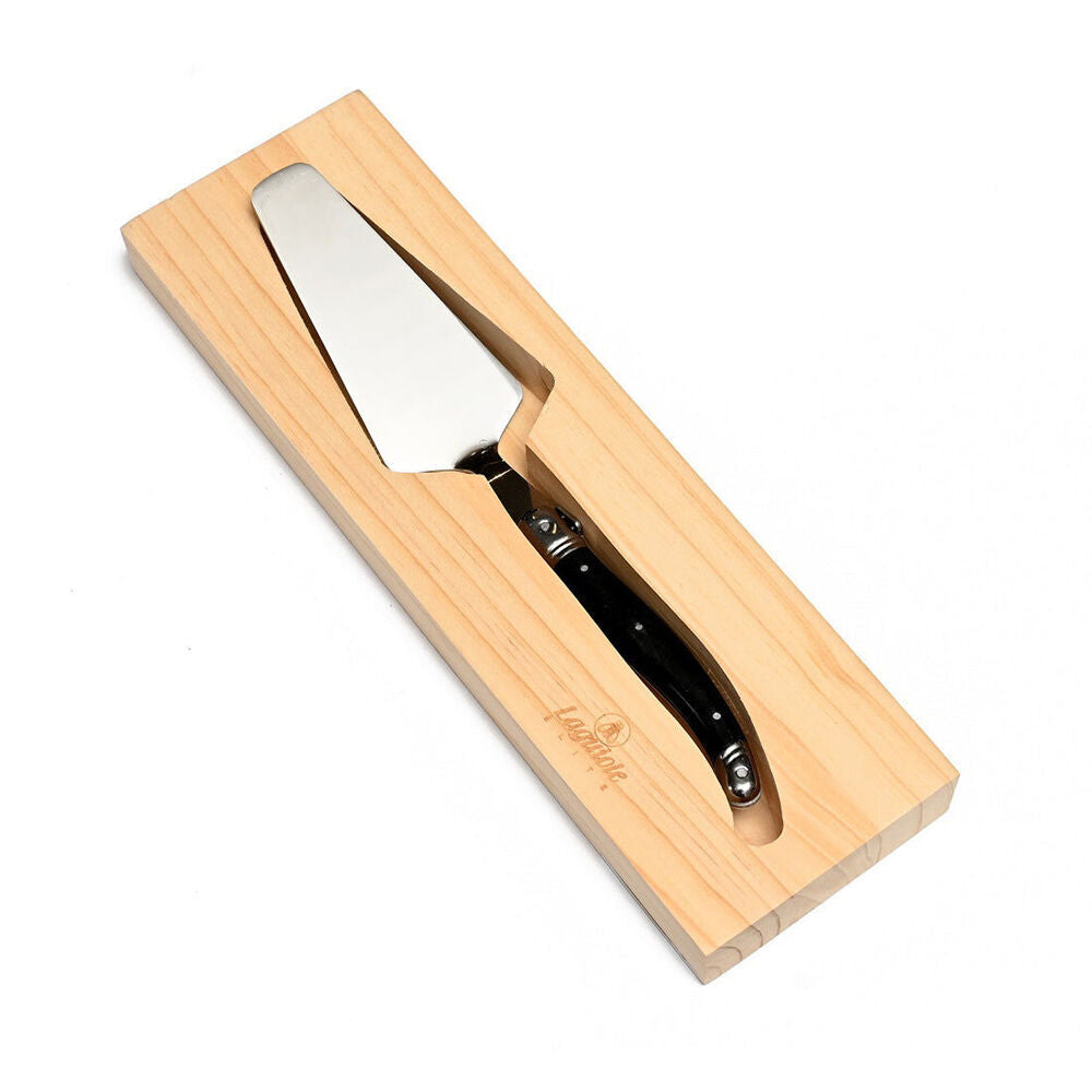 2PK Laguiole Elite Cake Server Stainless Steel w/Pine Wood Tray Black Handle