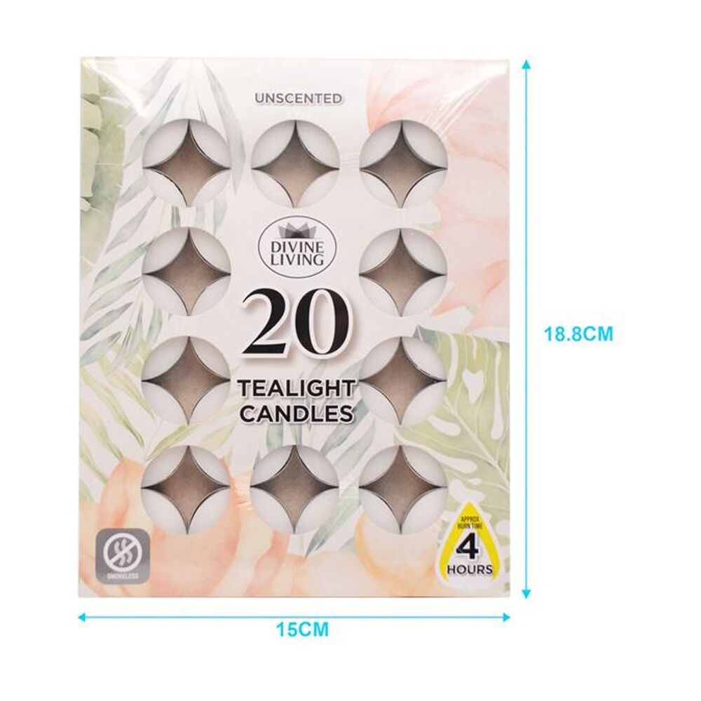 12x 20pc Divine Living Unscented Tealights Candles 4 Hours Burn Time 18.8x15cm