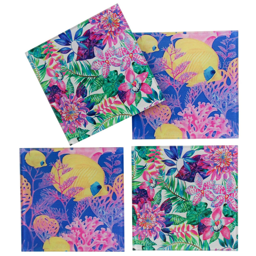3PK 4pc LVD Tempered Glass Coaster 10cm - Bright Tropics