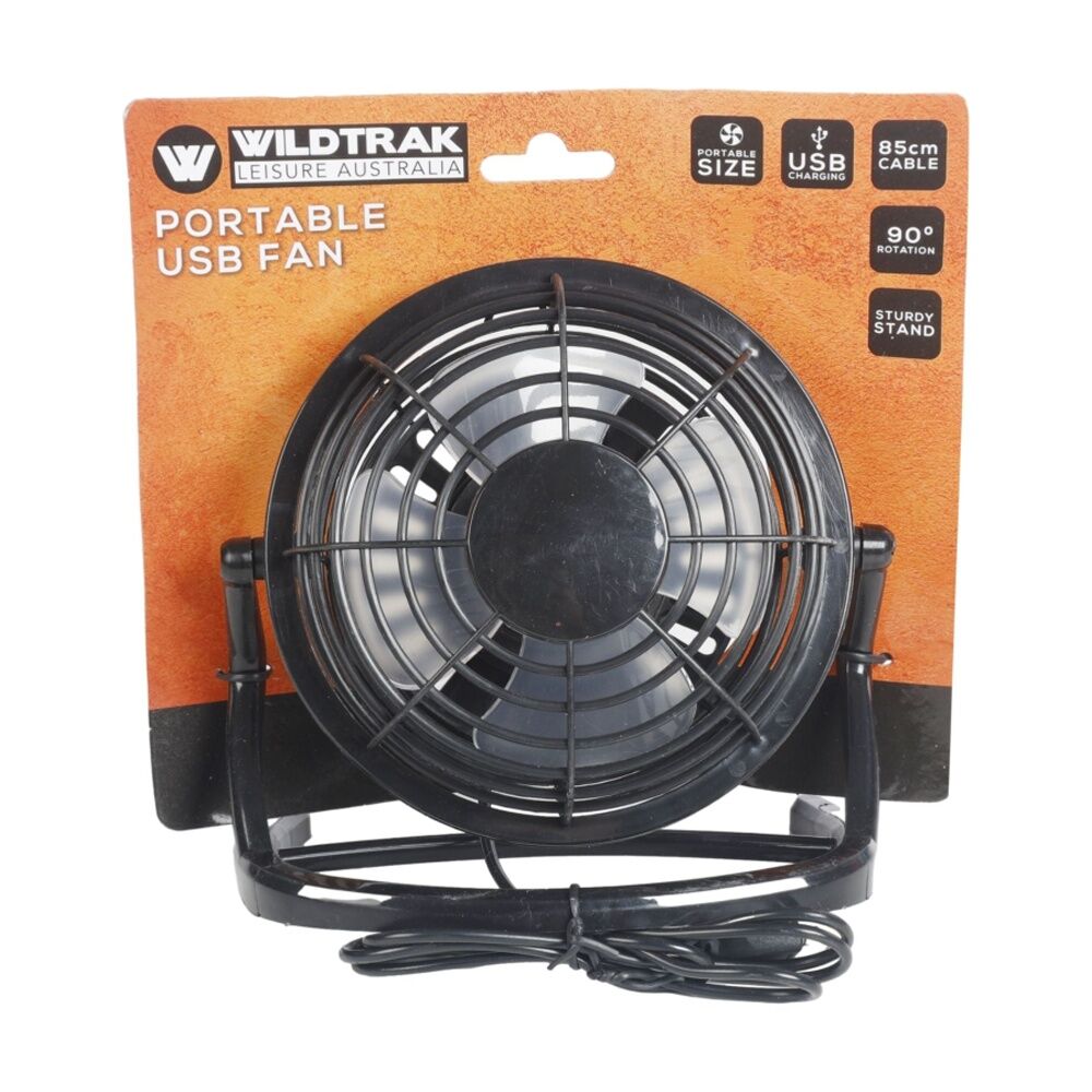 3PK Wildtrak Portable Fan Usb Black W/85cm Cable Outdoor Camping 15x17cm