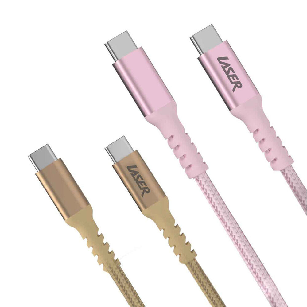 2pc Laser 2m USB-C to C 60W Charging Cable for Samsung & iPhone 16 Gold/Pink