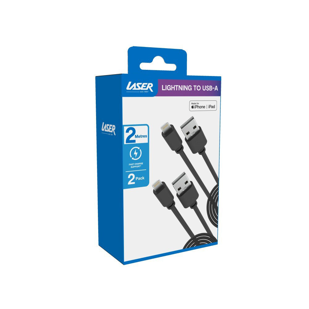 2PK Laser MFi USB-A to 8-Pin Charging Cable 2m For iPhone 14 Black