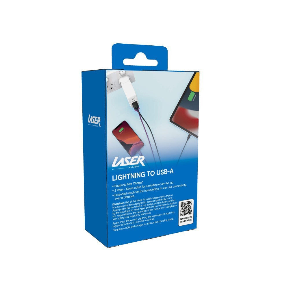 2PK Laser MFi USB-A to 8-Pin Charging Cable 2m For iPhone 14 Black/Purple