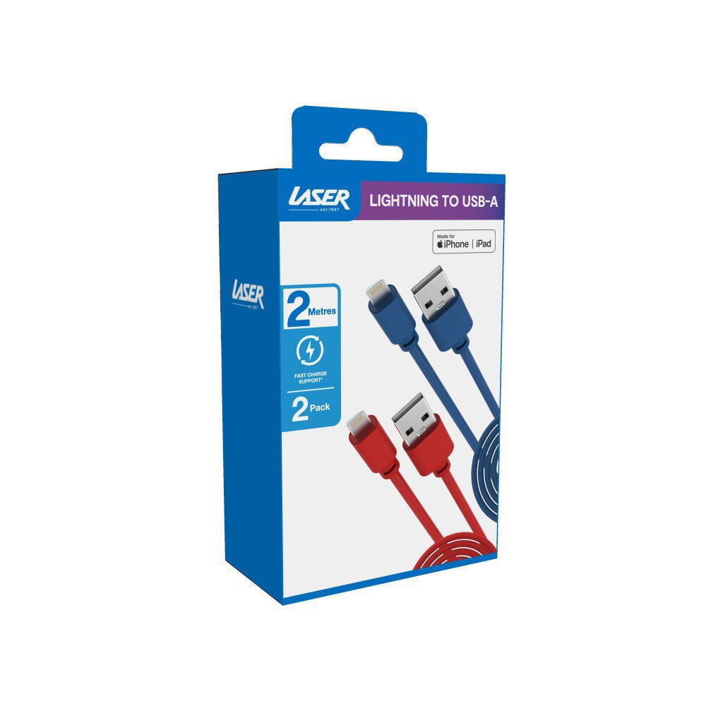 2PK Laser MFi USB-A to 8-Pin Charging Cable 2m For iPhone 14 Red/Blue