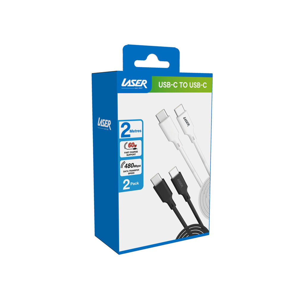 2pc Laser 2m USB-C to C 60W Charging Cable for Samsung/iPhone 16 Black/White