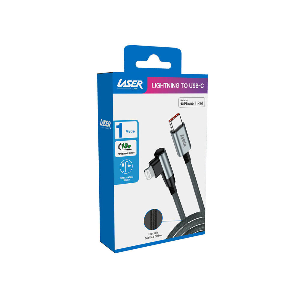Laser 1m Right Angle 8-Pin to USB-C 18W Braided Charging Cable for Apple