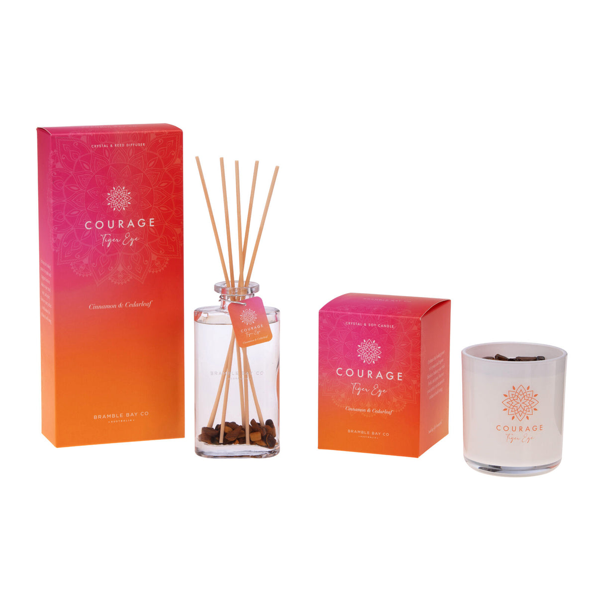 2PK Bramble Bay Diffuser Crystal Boho Courage Tiger Eye Cinnamon Cedarleaf 150ml