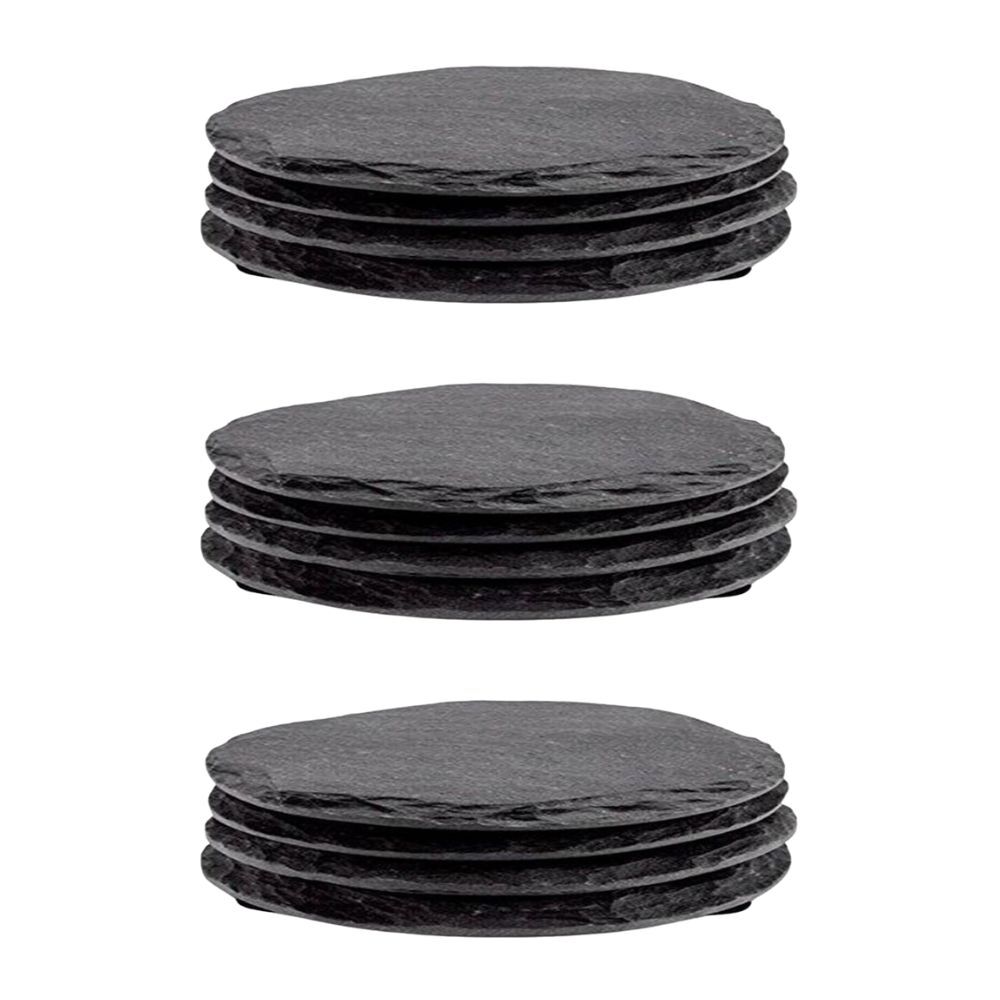 3x 4pc Coffee Culture Slate Coaster Round 10cm - Black