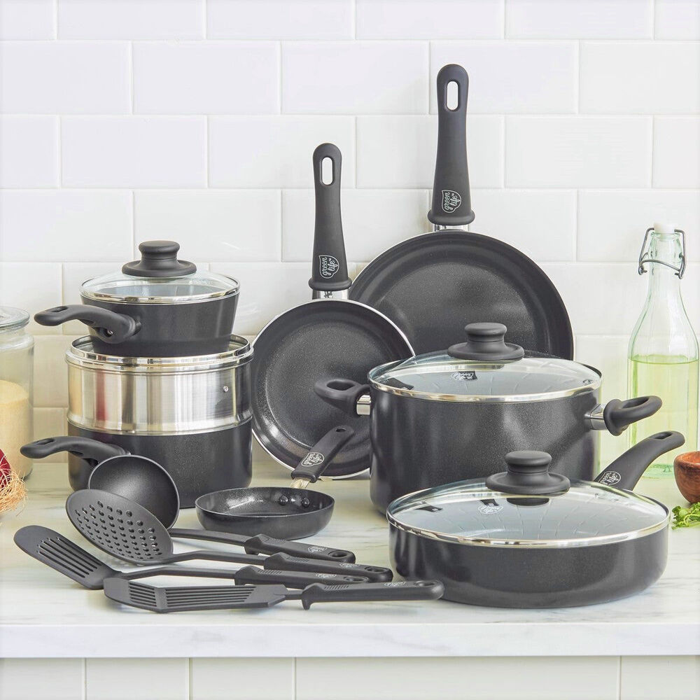 16pc Greenlife Soft Grip Aluminium Pro Cookware Set - Black