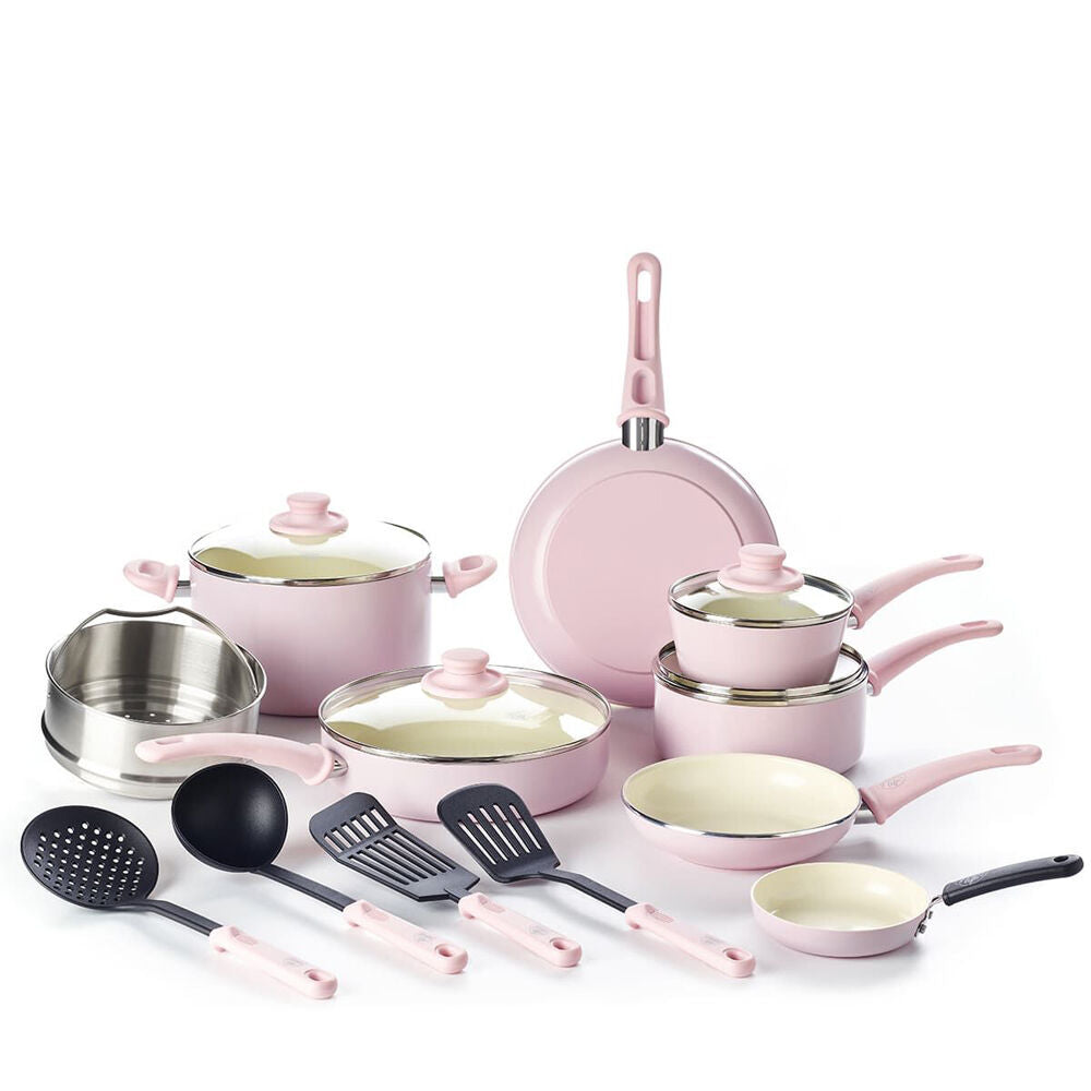 16pc Greenlife Soft Grip Aluminium Cookware Set - Quartz Pink