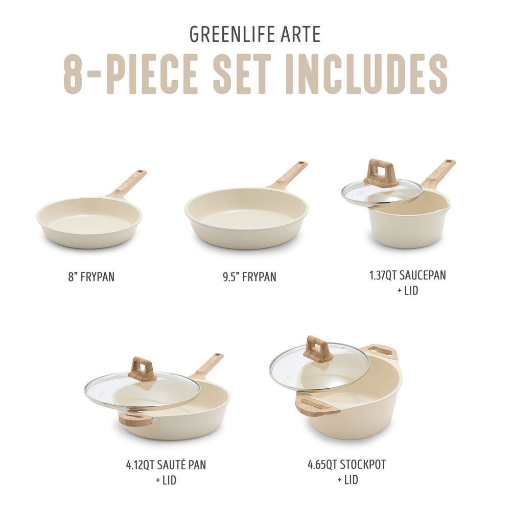 8pc Greenlife Arte Cookware Set Ceramic Coating Cooking Pan Cream White