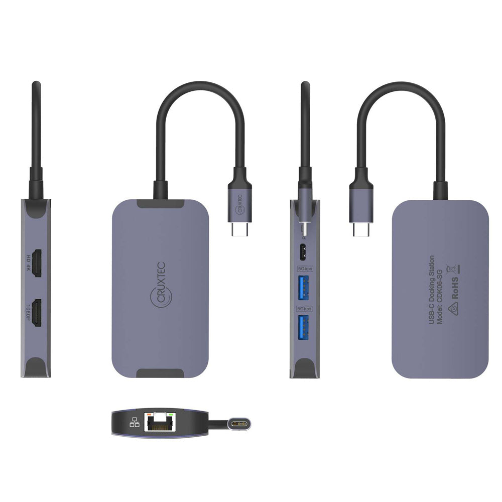 Cruxtec Universal 6-in-1 USB-C to Dual HDMI Compact Mini Dock - Grey