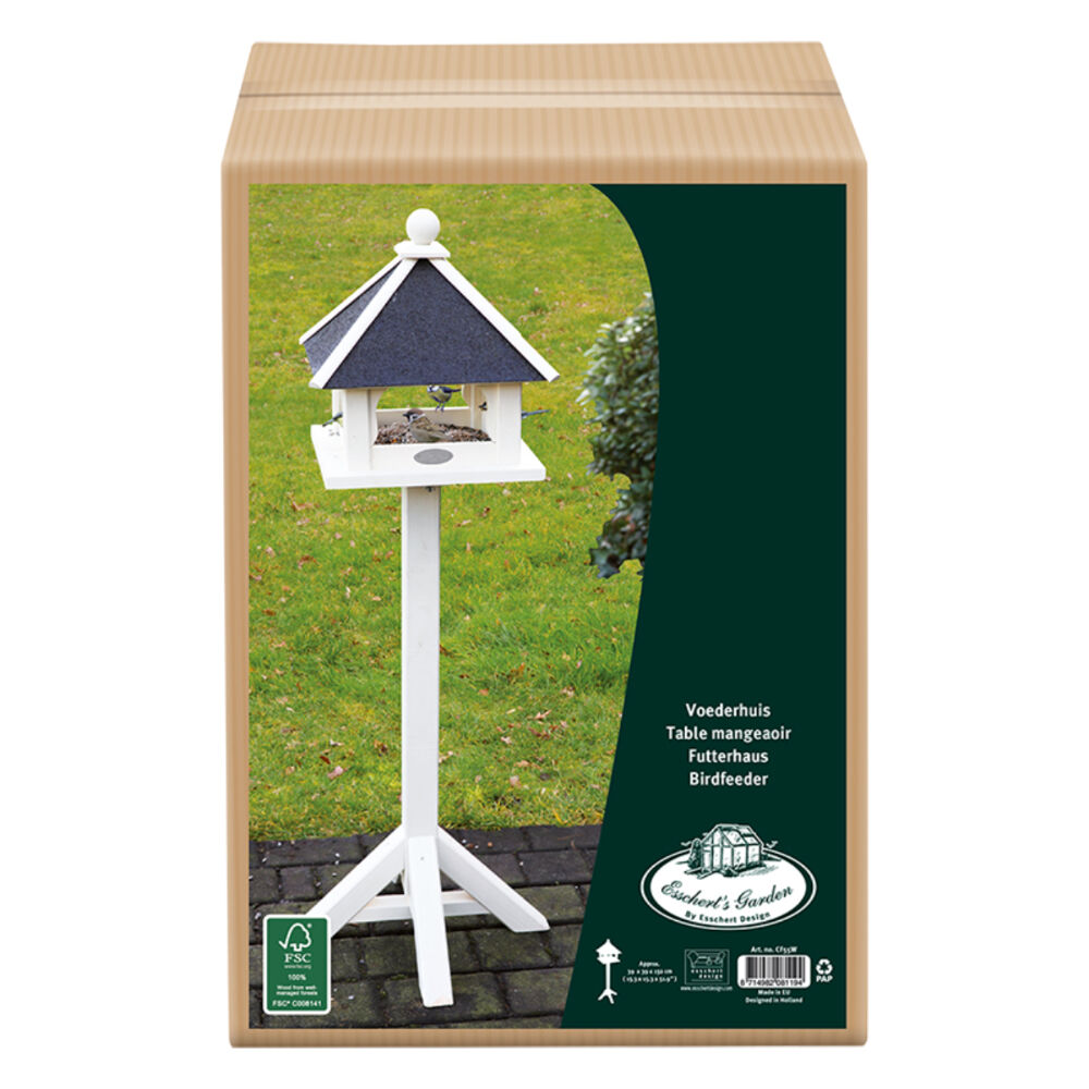 Esschert Design Freestanding Timber Bird Feeder White Pinewood Stand 132cm
